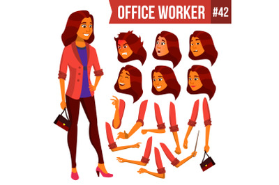 Office Worker Vector. Woman. Professional Officer, Clerk. Businessman Female. Arab, Saudi Lady Face Emotions, Various Gestures. Animation Creation Set. Isolated Flat Character Illustration