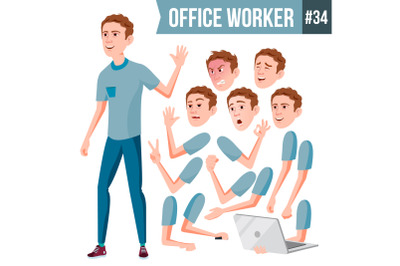 Office Worker Vector. Face Emotions, Various Gestures. Animation. Business Worker. Career. Professional Workman, Officer, Clerk. Flat Cartoon Illustration