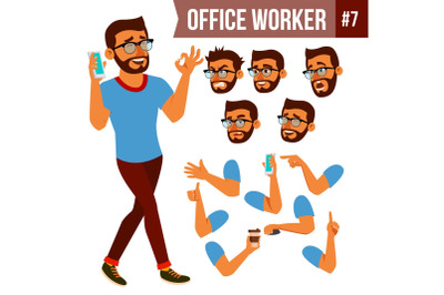 Office Worker Vector. Face Emotions, Various Gestures. Animation Creation Set. Business Man. Professional Cabinet Workman, Officer, Clerk. Isolated Cartoon Character Illustration