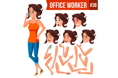 Office Worker Vector. Woman. Modern Employee, Laborer. Business Worker. Face Emotions, Various Gestures. Animation Creation Set. Isolated Cartoon Character Illustration