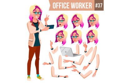 Office Worker Vector. Woman. Professional Officer, Clerk. Businessman Female. Lady Face Emotions, Various Gestures. Animation Creation Set. Isolated Flat Character Illustration