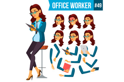 Office Worker Vector.Woman. Secretary, Accountant. Successful Officer, Clerk, Servant. Adult Business Woman. Face Emotions, Various Gestures. Animation Creation Set. Isolated Flat Cartoon Illustration