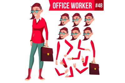 Office Worker Vector. Woman. Happy Clerk, Servant, Employee. Business Woman Person. Lady Face Emotions, Various Gestures. Animation Creation Set. Flat Character Illustration