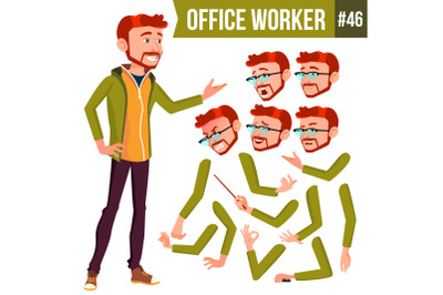 Office Worker Vector. Red Head. Face Emotions, Various Gestures. Animation Creation Set. Businessman Worker. Happy Job. Partner, Clerk, Servant, Employee. Isolated Flat Cartoon Illustration