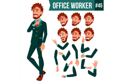 Office Worker Vector. Face Emotions, Various Gestures. Animation Creation Set. Adult Business Male. Successful Corporate Officer, Clerk, Servant. Isolated Flat Character Illustration