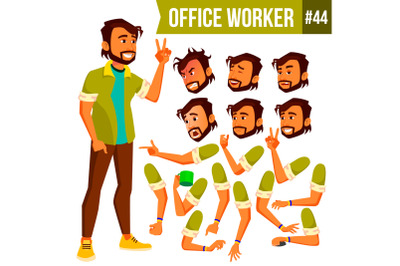 Office Worker Vector. Indian. Face Emotions, Various Gestures. Animation Creation Set. Business Man. Professional Cabinet Workman, Officer, Clerk. Isolated Cartoon Character Illustration