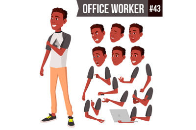 Office Worker Vector. Face Emotions, African, Black. Various Gestures. Animation Creation Set. Business Person. Career. Modern Employee, Workman, Laborer. Isolated Flat Cartoon Character Illustration