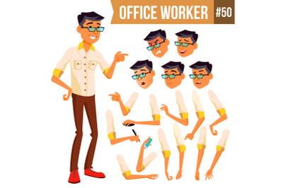 Office Worker Vector. Korean, Thai, Vietnamese. Face Emotions, Various Gestures. Animation. Businessman Human. Modern Cabinet Employee, Workman, Laborer. Isolated Flat Cartoon Character Illustration