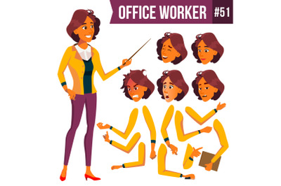 Office Worker Vector. Woman. Successful Officer, Clerk, Servant. Business Woman Worker. Face Emotions, Various Gestures. Animation Creation Set. Isolated Flat Illustration