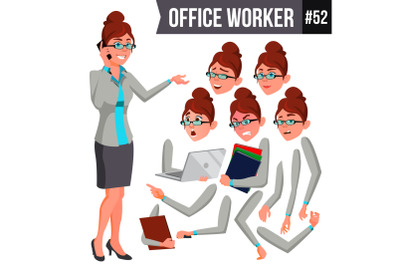 Office Worker Vector. Woman. Happy Clerk, Servant, Employee. Business Human. Face Emotions, Various Gestures. Animation Creation Set. Isolated Character Illustration