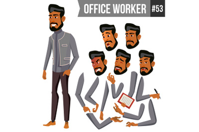 Old Arab Office Worker Vector. Traditional Clothes. Islamic. Face Emotions, Various Gestures. Animation Creation Set. Adult Entrepreneur Business Man. Happy Clerk, Servant, Employee. Illustration