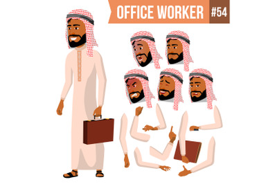 Arab Office Worker Vector. Saudi, Emirates, Qatar, Uae. Face Emotions, Various Gestures. Animation Creation Set. Corporate Businessman Male. Successful Officer, Clerk, Servant. Illustration