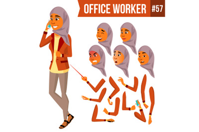 Arab Office Worker Vector. Woman. Traditional Clothes. Islamic. Hijab. Professional Officer, Clerk. Adult Business Female. Lady Face Emotions, Various Gestures. Animation Creation Set. Illustration