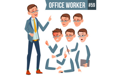 Office Worker Vector. Emotions, Gestures. Animation Creation Set. Business Person. Career. Modern Employee, Workman. Isolated Flat Cartoon Character Illustration