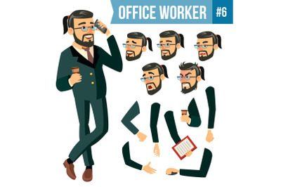 Office Worker Vector. Face Emotions, Various Gestures. Animation Creation Set. Businessman Worker. Happy Job. Partner, Clerk, Servant, Employee. Isolated Flat Cartoon Illustration