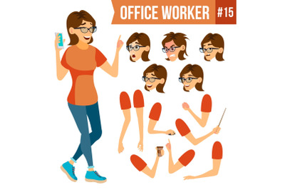 Office Worker Vector.Woman. Successful Officer, Clerk, Servant. Adult Business Woman. Face Emotions, Various Gestures. Animation Creation Set. Isolated Flat Cartoon Illustration