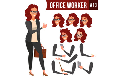 Office Worker Vector. Woman. Happy Clerk, Servant, Employee. Business Woman Person. Lady Face Emotions, Various Gestures. Animation Creation Set. Flat Character Illustration