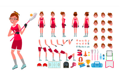 Lacrosse Player Female Vector. Animated Character Creation Set. Girl s Lacrosse. Woman Player. Full Length, Front, Side, Accessories, Poses, Face Emotions, Gestures. Isolated Flat Cartoon Illustration