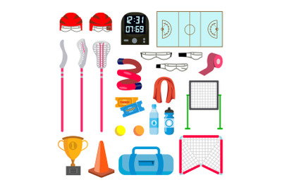 Lacrosse Icons Set Vector. Lacrosse Accessories. Gates, Net, Glasses, Mask, Stick, Helmet, Box, Timer, Plotter, Ball. Isolated Flat Cartoon Illustration