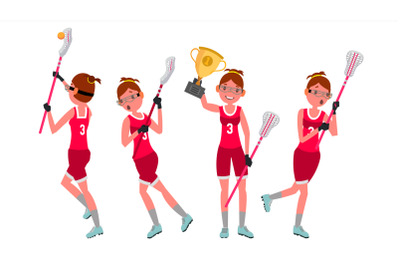 Women s lacrosse Vector. Lacrosse Practice. Teammates. Aggressive Women s player. Professional Athlete. Isolated Flat Cartoon Character Illustration