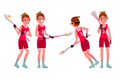 Lacrosse Female Player Vector. High School Or Colleges Girl. Team Members. Professional Athlete. Sport Competitions. Flat Cartoon Illustration