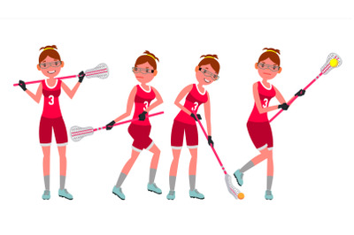 Female Lacrosse Player Vector. Profesional Sport. Holding Lacrosse Stick. Girl s Lacrosse Player. Isolated On White Cartoon Character Illustration