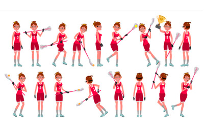 Lacrosse Girl Vector. Catch The Ball. Running. Teammates In Different Poses. Sport Competitions. Cartoon Character Illustration