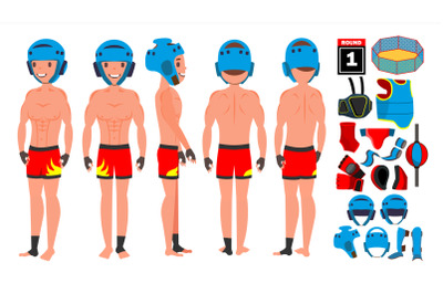 MMA Man Player Male Vector. Preparing For Training. Traditional Fighting Poses. Cartoon Athlete Character Illustration