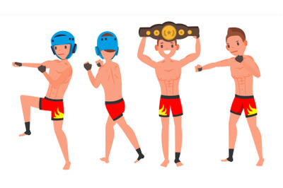 MMA Male Player Vector. Poses Set. Muscular Sports Guy Workout. In Action. Cartoon Character Illustration