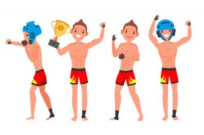 MMA Young Man Player Vector. Man. Fighters Fighting. Training Club. Poses Set. Flat Athlete Cartoon Illustration