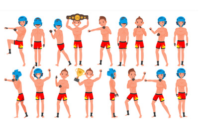 MMA Player Male Vector. Muay Thai Poses. Muscular Sports Guy Workout. Isolated Flat Cartoon Character Illustration