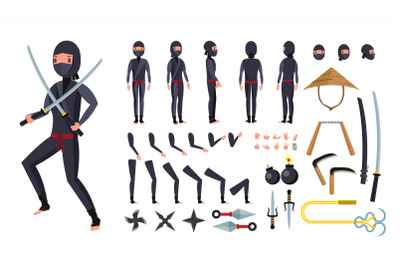 Ninja Vector. Animated Character Creation Set. Ninja Tools Set. Full Length, Front, Side, Back View, Accessories, Poses, Face Emotions, Gestures. Isolated Flat Cartoon Illustration