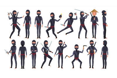 Ninja Character Vector. Cartoon Funny Warriors. Different Poses. Isolated On White Background Flat Cartoon Illustration