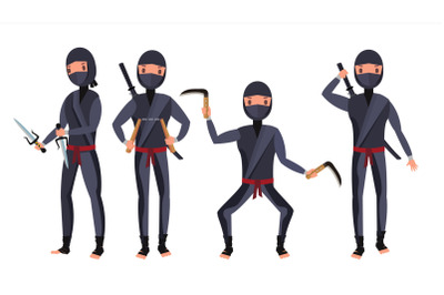 Ninja Set Vector. Samurai Characters. Attacking, Moving, Jumping, Kicking. Isolated On White Background Flat Cartoon Illustration