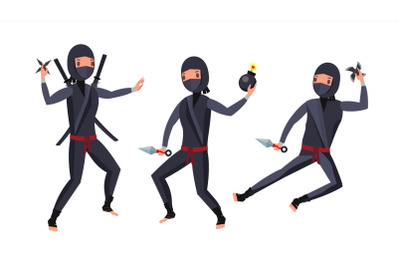 Ninja Warrior Vector. Black Suit. Showing Different Actions With Weapons. Isolated Flat Cartoon Illustration