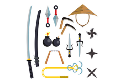 Ninja Weapons Set Vector. Assassin Accessories. Star, Sword, Sai, Nunchaku. Throwing Knives, Katana, Shuriken. Isolated Flat Cartoon Illustration