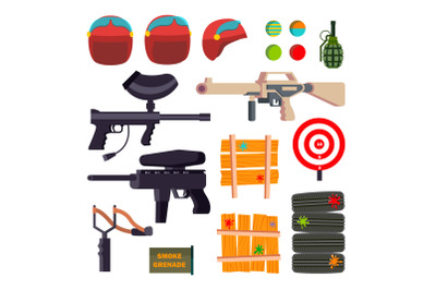 Paintball Icons Set Vector. Paintball Game Accessories. Weapon, Pistol, Helmet, Grenade, Protection, Paint. Isolated Flat Cartoon Illustration