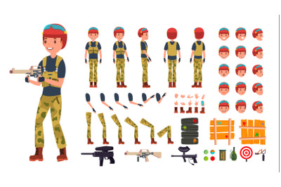 Paintball Player Male Vector. Animated Character Creation Set. Paintball Game Battle Player Man. Full Length, Front, Side, Back View, Accessories, Poses, Emotions, Gestures. Isolated Flat Illustration