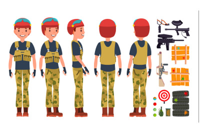 Paintball Player Vector. Professional Gamer. Bright Splashes. Uniform. Competitions. Paintball Weapon. Man Paintball Player. Flat Cartoon Illustration