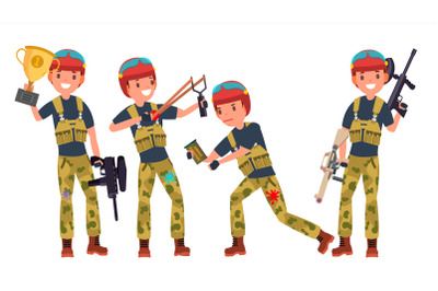 Paintball Player Vector. Shooting, Running. Teammates In Different Poses. Gun. Battle Sport Competitions. Cartoon Character Illustration