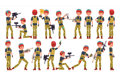 Paintball Player Vector. Professional Gamer. Bright Splashes. Uniform. Competitions. Paintball Weapon. Man Paintball Player. Flat Cartoon Illustration