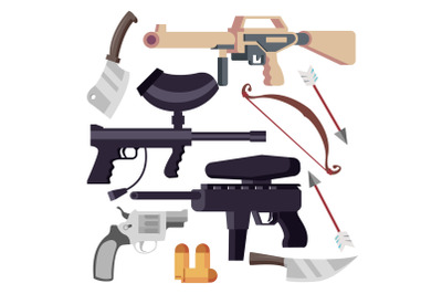 Weapon Set Vector. Weapons Icons. Pistol, Shotgun, Knife, Bow. Cartoon Isolated Illustration