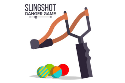 Slingshot Vector. Cartoon Slingshot Icon. Paintball, Child Game. Elastic Danger Toy. Isolated Illustration