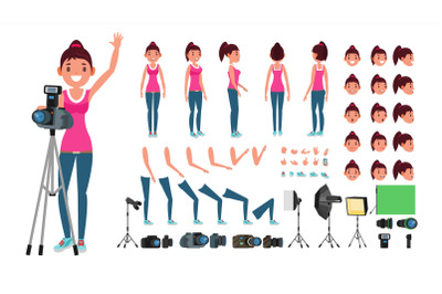 Photographer Female Vector. Animated Woman Creation Set. Full Length, Front, Side, Back View. Isolated Flat Cartoon Illustration