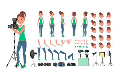 Photographer Woman Vector. Taking Pictures. Animated Female Character Set. Full Length. Accessories, Poses, Face Emotions, Gestures. Isolated Flat Cartoon Illustration