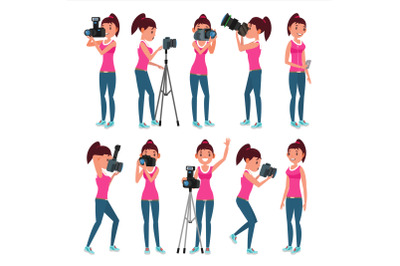 Photographer Female Vector. Modern Camera. Posing. Girl Full Length Taking Photos. Photojournalist, Tourist Design. Flat Cartoon Illustration