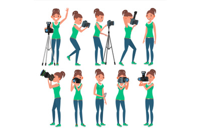 Photographer Woman Vector. hotographer Making Photos. Digital Camera And Professional Photo Equipment. Girl Taking Pictures. Isolated On White Cartoon Character Illustration