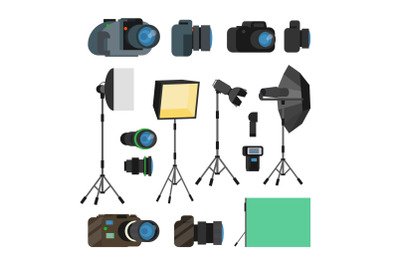 Photographer Tools Set Vector. Photography Objects. Photo Equipment Design Elements, Accessories. Modern Digital Cameras, Tools For Professional Studio Photography. Isolated Flat Cartoon Illustration