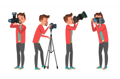 Professional Photographer Vector. Male In Different Poses. Lights And Cameras. Creative Occupation. Profession. Tripod Equipment. Isolated Flat Cartoon Character Illustration