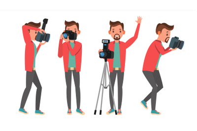 Photographer Vector. Modern Camera. Posing. Full Length Taking Photos. Photojournalist Design. Flat Cartoon Illustration